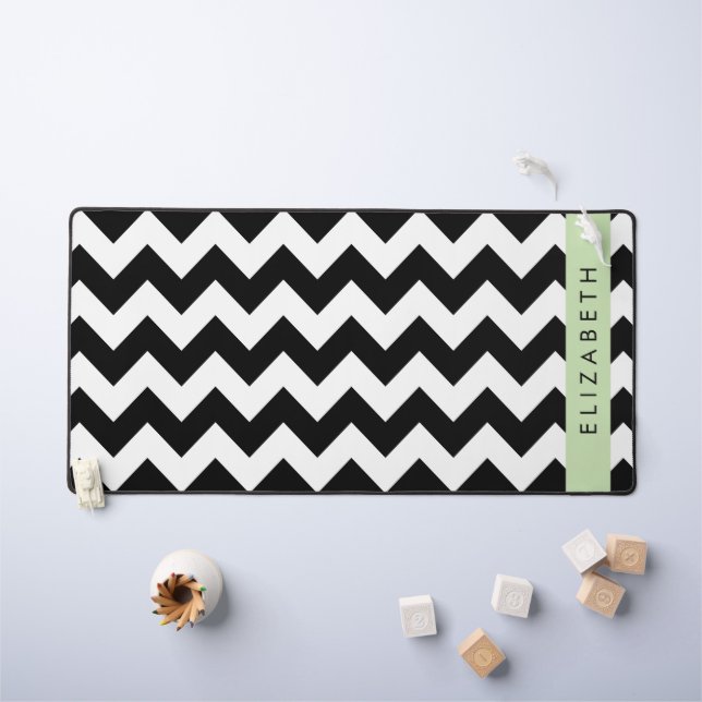 Black and White Zigzag, Chevron Pattern, Your Name Desk Mat (Kids Table)