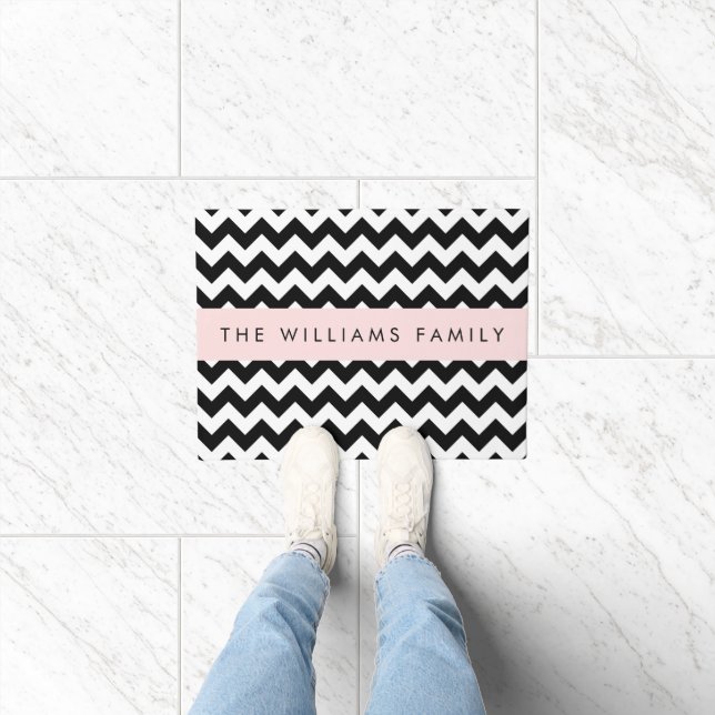 Black and White Zigzag, Chevron Pattern, Your Name Doormat (Indoor)