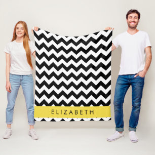 Black and White Zigzag, Chevron Pattern, Your Name Fleece Blanket