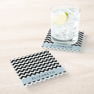Black and White Zigzag, Chevron Pattern, Your Name Glass Coaster