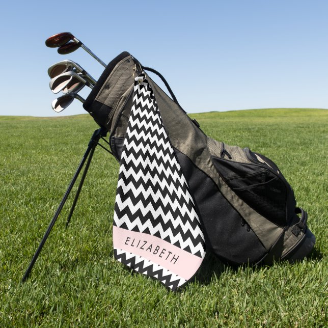 Black and White Zigzag, Chevron Pattern, Your Name Golf Towel (Green)