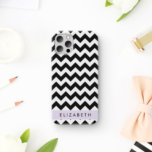 Black and White Zigzag, Chevron Pattern, Your Name iPhone 16 Case (Creator Uploaded)