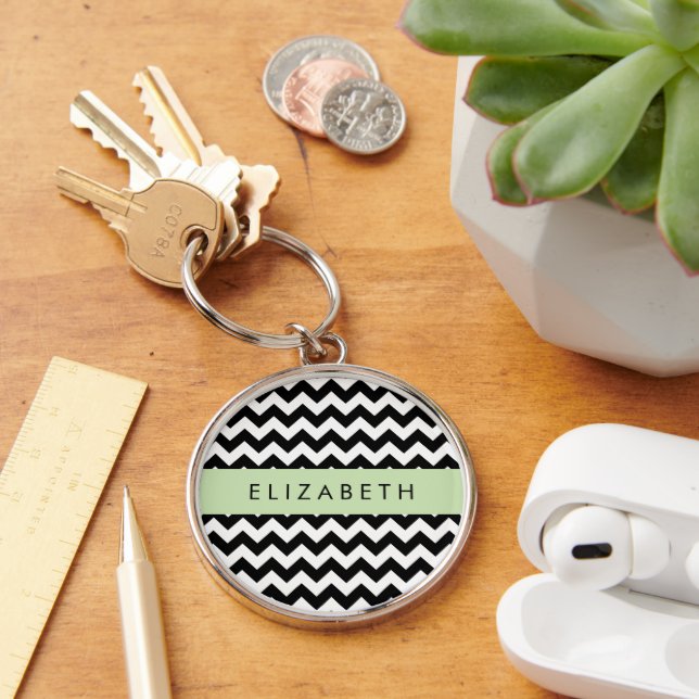 Black and White Zigzag, Chevron Pattern, Your Name Key Ring (Desk)