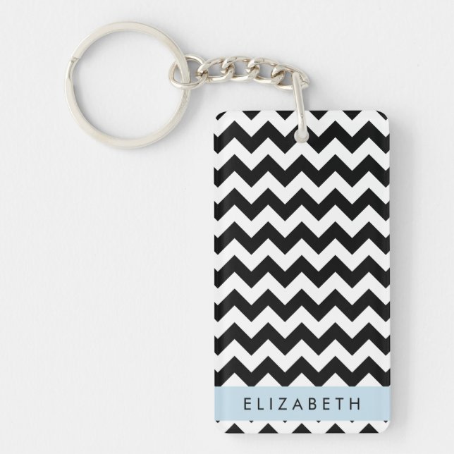 Black and White Zigzag, Chevron Pattern, Your Name Key Ring (Front)