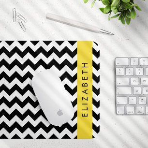 Black and White Zigzag, Chevron Pattern, Your Name Mouse Pad