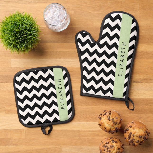 Black and White Zigzag, Chevron Pattern, Your Name Oven Mitt & Pot Holder Set (Top Down)