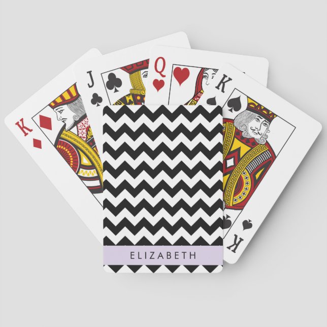 Black and White Zigzag, Chevron Pattern, Your Name Playing Cards (Back)