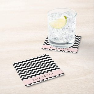Black and White Zigzag, Chevron Pattern, Your Name Square Paper Coaster