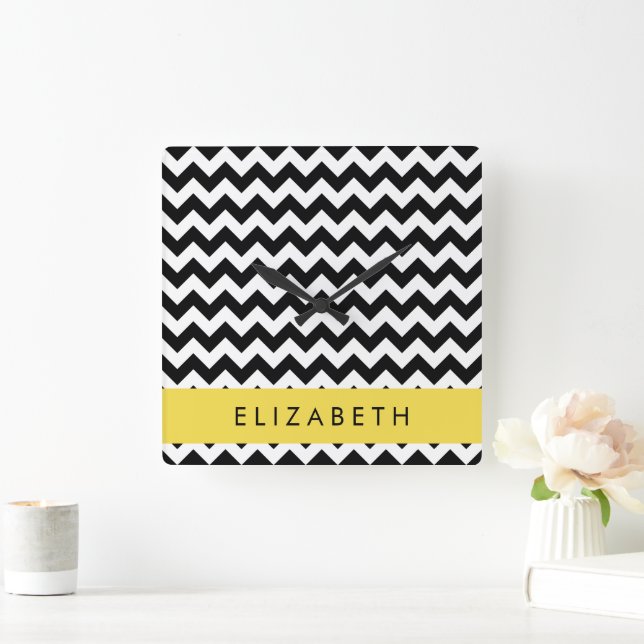 Black and White Zigzag, Chevron Pattern, Your Name Square Wall Clock (Home)