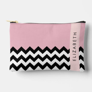 Black and White Zigzag, Chevron, Pink, Your Name Accessory Pouch