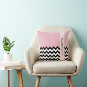 Black and White Zigzag, Chevron, Pink, Your Name Cushion