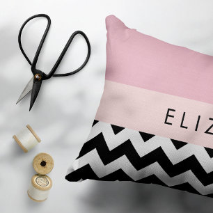 Black and White Zigzag, Chevron, Pink, Your Name Decorative Cushion