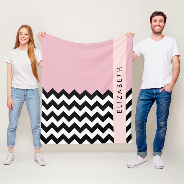 Black and White Zigzag, Chevron, Pink, Your Name Fleece Blanket (In Situ)
