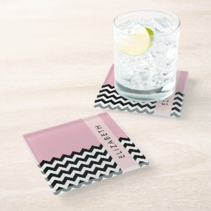 Black and White Zigzag, Chevron, Pink, Your Name Glass Coaster