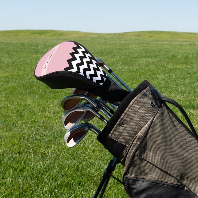 Black and White Zigzag, Chevron, Pink, Your Name Golf Head Cover (In Situ)