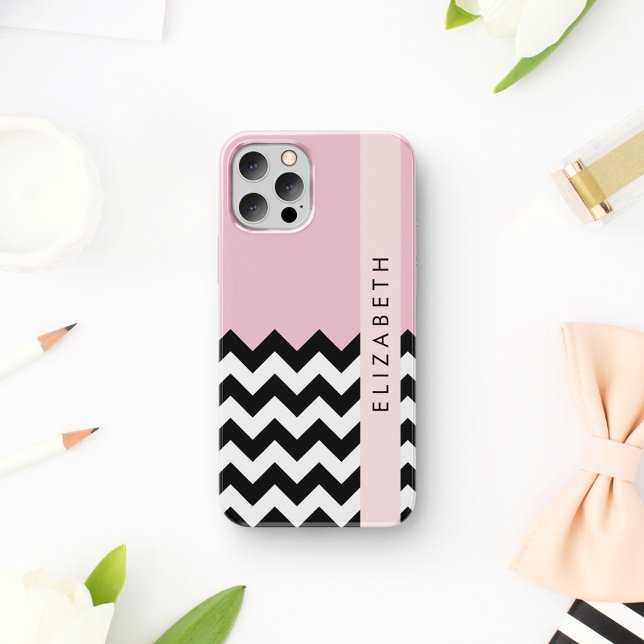 Black and White Zigzag, Chevron, Pink, Your Name iPhone 16 Case (Creator Uploaded)