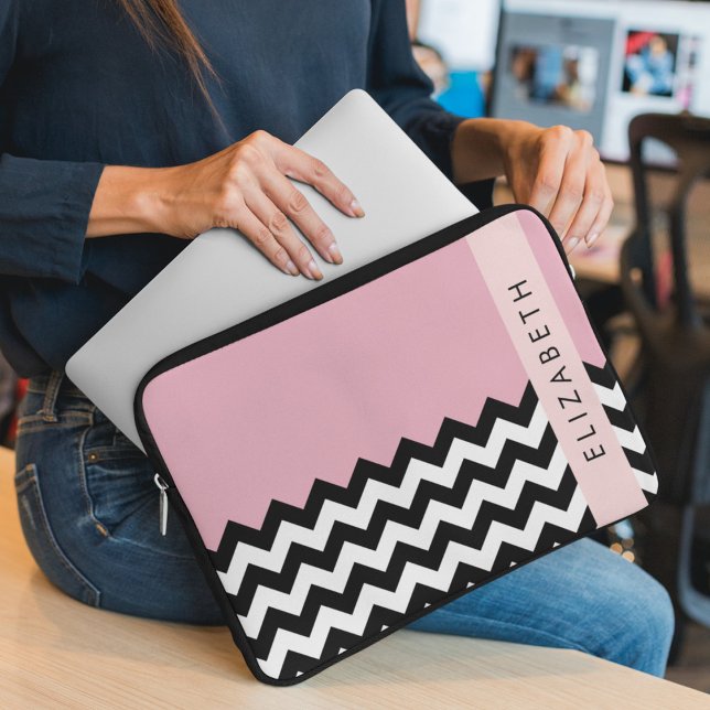 Black and White Zigzag, Chevron, Pink, Your Name Laptop Sleeve (Creator Uploaded)
