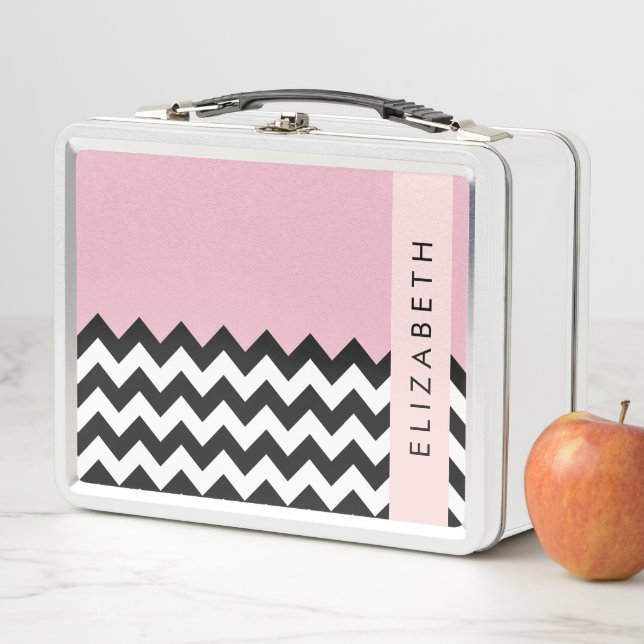 Black and White Zigzag, Chevron, Pink, Your Name Metal Lunch Box (In Situ)