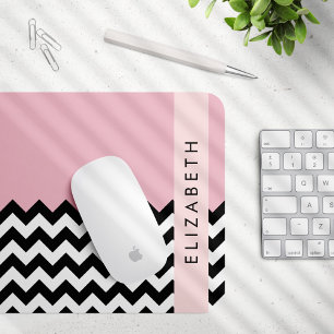 Black and White Zigzag, Chevron, Pink, Your Name Mouse Pad