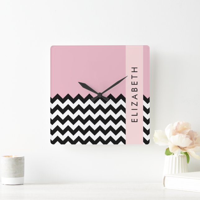 Black and White Zigzag, Chevron, Pink, Your Name Square Wall Clock (Home)