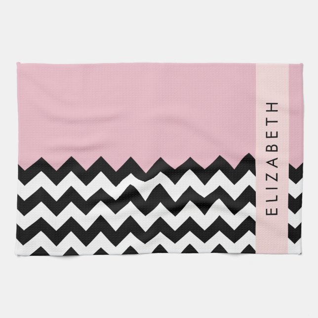 Black and White Zigzag, Chevron, Pink, Your Name Tea Towel (Horizontal)