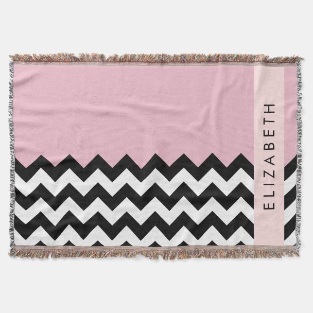 Black and White Zigzag, Chevron, Pink, Your Name Throw Blanket (Front)