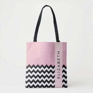 Black and White Zigzag, Chevron, Pink, Your Name Tote Bag