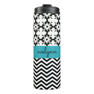 Black and White zigzag floral 2 Personalised Thermal Tumbler