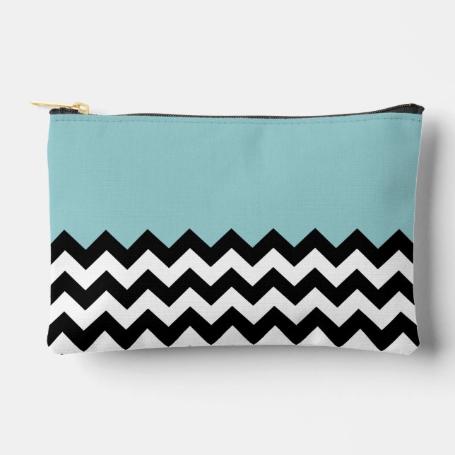 Black and White Zigzag Pattern, Chevron, Blue Accessory Pouch (Front)