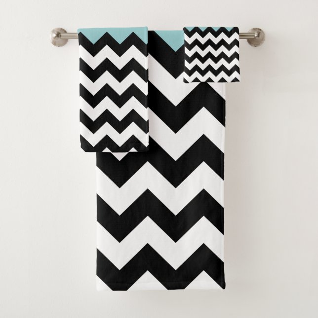 Black and White Zigzag Pattern, Chevron, Blue Bath Towel Set (Insitu)