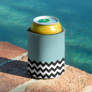 Black and White Zigzag Pattern, Chevron, Blue Can Cooler