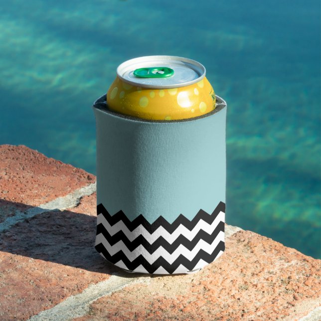 Black and White Zigzag Pattern, Chevron, Blue Can Cooler (In Situ Pool)