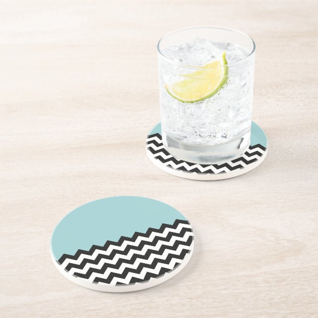 Black and White Zigzag Pattern, Chevron, Blue Coaster (Side)