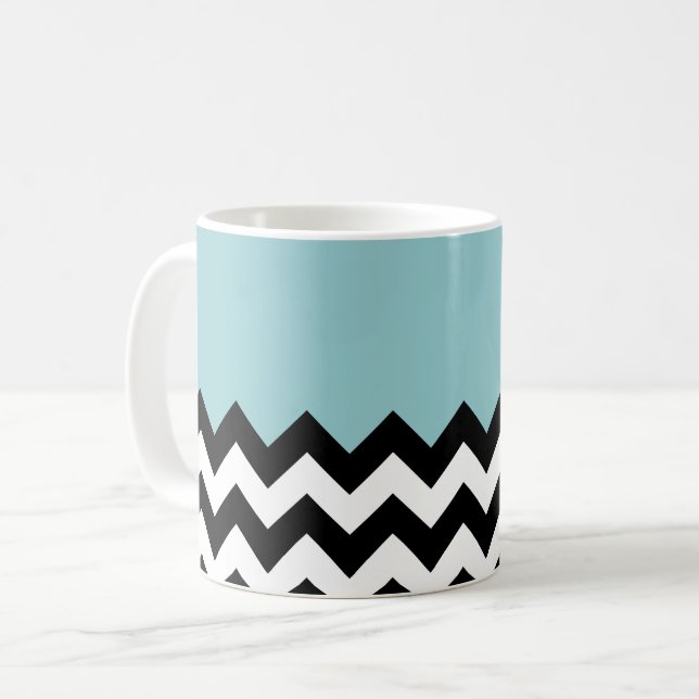 Black and White Zigzag Pattern, Chevron, Blue Coffee Mug (Front Left)