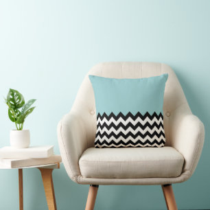 Black and White Zigzag Pattern, Chevron, Blue Cushion