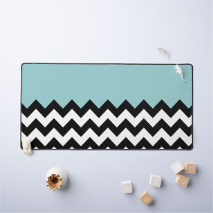 Black and White Zigzag Pattern, Chevron, Blue Desk Mat