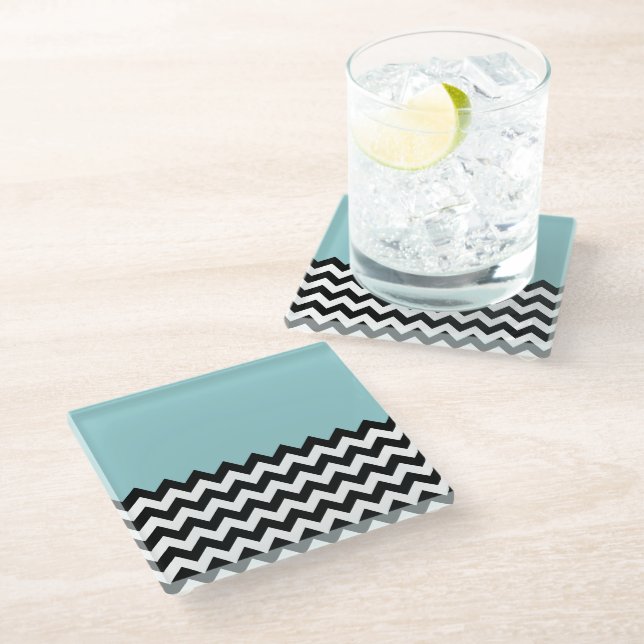 Black and White Zigzag Pattern, Chevron, Blue Glass Coaster (Angled)