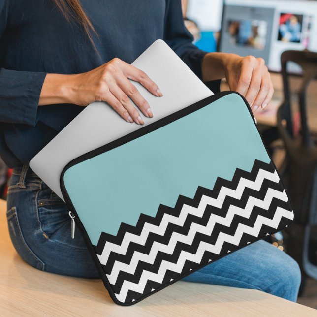 Black and White Zigzag Pattern, Chevron, Blue Laptop Sleeve (Creator Uploaded)