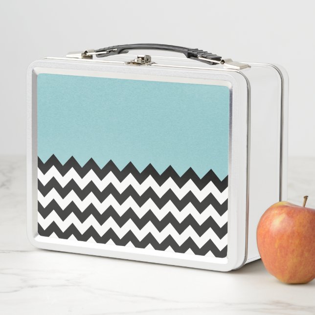 Black and White Zigzag Pattern, Chevron, Blue Metal Lunch Box (In Situ)