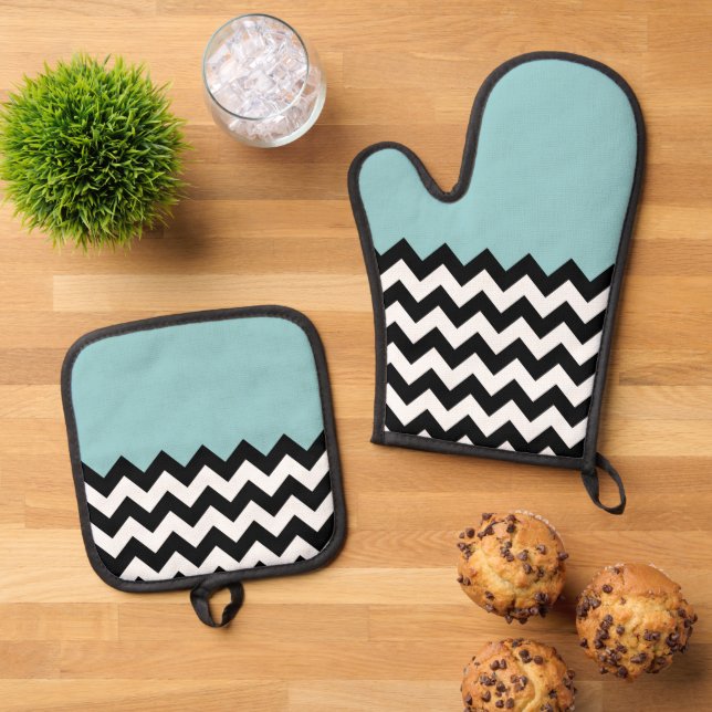 Black and White Zigzag Pattern, Chevron, Blue Oven Mitt & Pot Holder Set (Top Down)