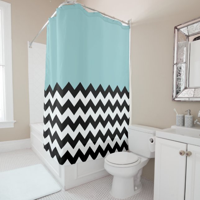 Black and White Zigzag Pattern, Chevron, Blue Shower Curtain (In Situ)