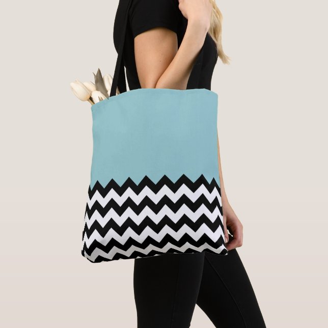 Black and White Zigzag Pattern, Chevron, Blue Tote Bag (Close Up)
