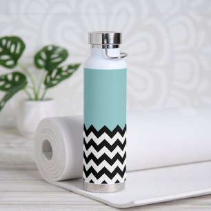 Black and White Zigzag Pattern, Chevron, Blue Water Bottle