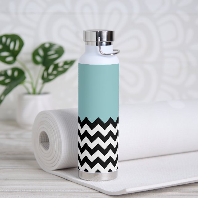 Black and White Zigzag Pattern, Chevron, Blue Water Bottle (Yoga)