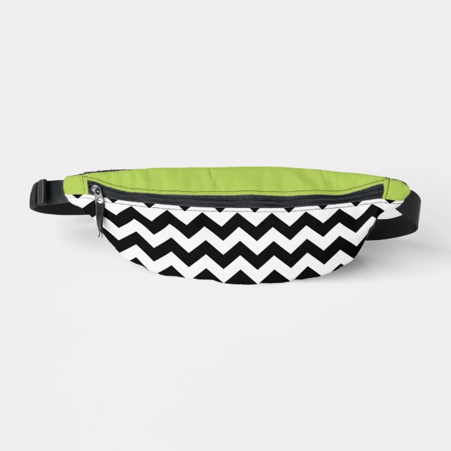 Black and White Zigzag Pattern, Chevron, Green Bum Bags (Front)