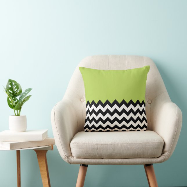Black and White Zigzag Pattern, Chevron, Green Cushion (Chair)