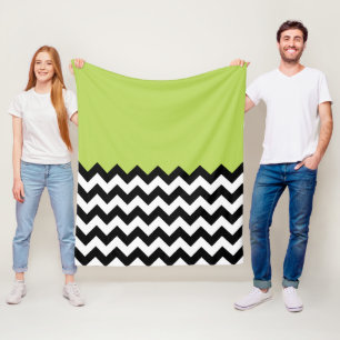 Black and White Zigzag Pattern, Chevron, Green Fleece Blanket