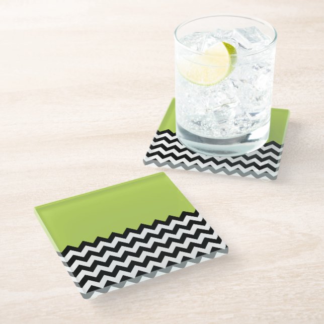 Black and White Zigzag Pattern, Chevron, Green Glass Coaster (Angled)