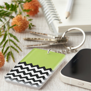 Black and White Zigzag Pattern, Chevron, Green Key Ring