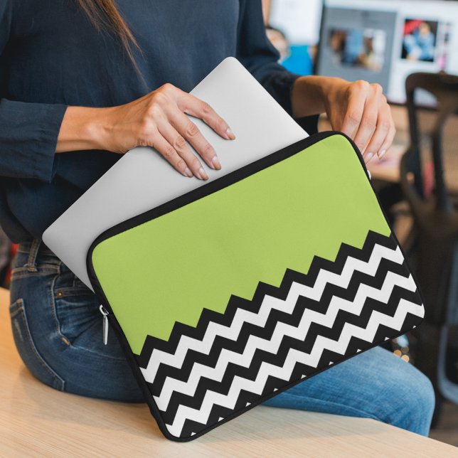 Black and White Zigzag Pattern, Chevron, Green Laptop Sleeve (Creator Uploaded)
